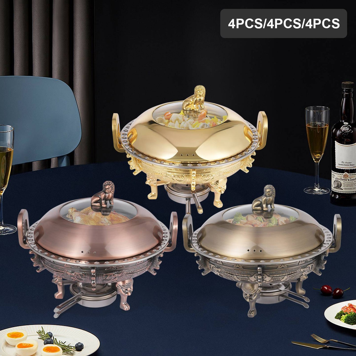4PCS Chafing Dishes, Classical Round Chafing Buffet Set, Stainless Steel Chafers and Buffet Warmers Sets for Gatherings, Events