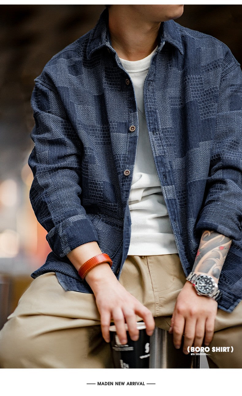 Maden Japanese Retro Boro Denim Shirts for Men Jacquard Patchwork Long-Sleeve Button Down Shirt Jacket Oversize Spring Outerwear