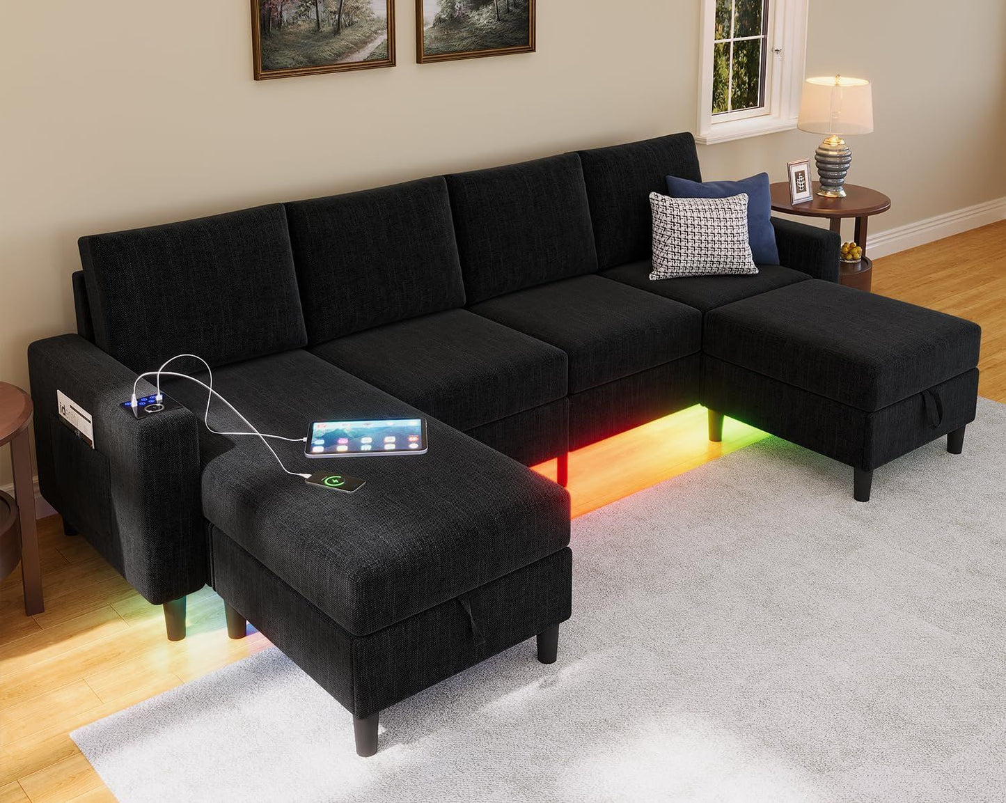 Smart Sectional Couches for Living Room, 4 Seat U/L Shaped Sectional Sofa with RGB Light/Charging, Modern Living Room Furniture
