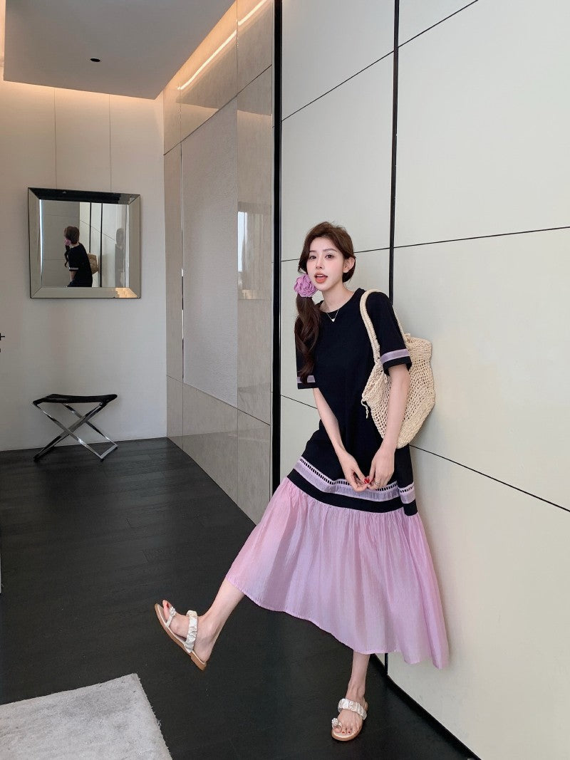 NYFS 2025 Summer Dress Loose plus Size Black Patchwork Pink Hem Long Dresses Robe Elbise Short Sleeve Korean Style Woman Dress