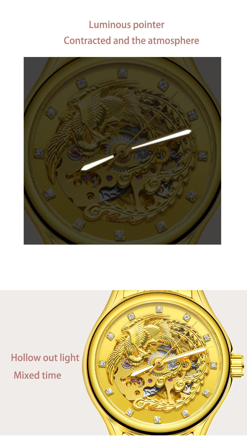 2024 Diamond Steel Skeleton Dial Golden Phoenix Women Fashion Automatic Watch Luxury Waterproof Mechanical Girl Wrist Lady Clock