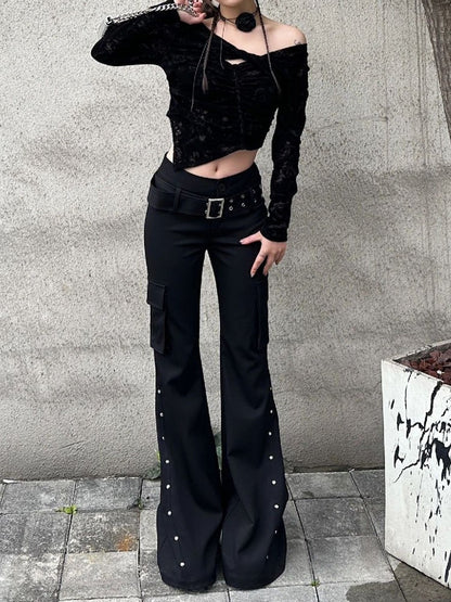 Retro new pure black rivet design belt decorative slim pants for women y2k Harajuku Goth low-waisted flared pants