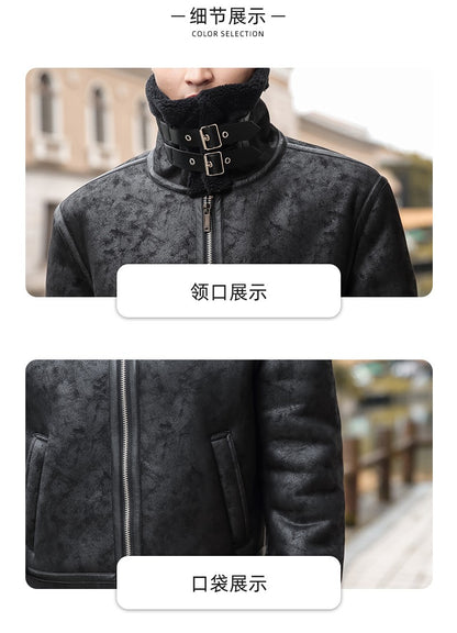 Lamb Cashmere PU Leather Jacket Mens Plus Velvet Men Winter Warm Motorcycle Thickened Leather Coat Man Fleece PU Leather Coats