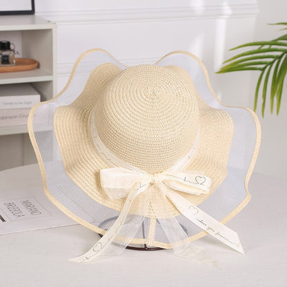 Chapéu de sol feminino dobrável de aba larga com laço, chapéu de palha elegante para proteção solar, moda praia 2021 gorras