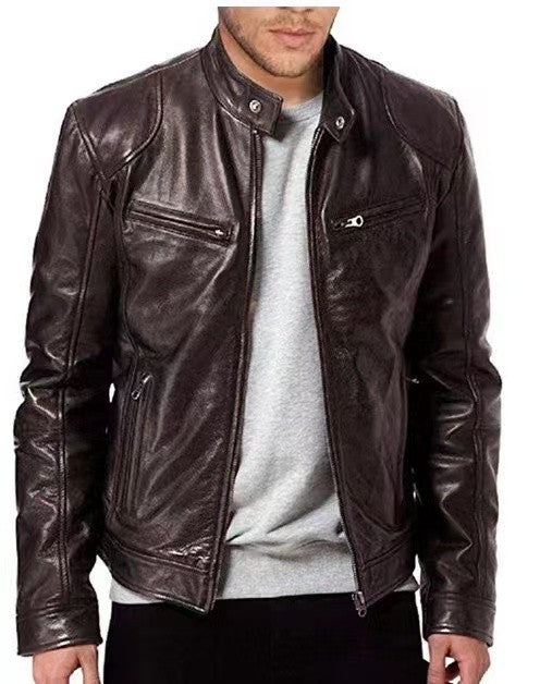 Fashionable Men's Stand Collar Slimming Leather Jacket Zipper Pocket Decorative Pu Leather Motorcycle Coat