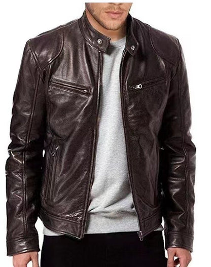 Fashionable Men's Stand Collar Slimming Leather Jacket Zipper Pocket Decorative Pu Leather Motorcycle Coat