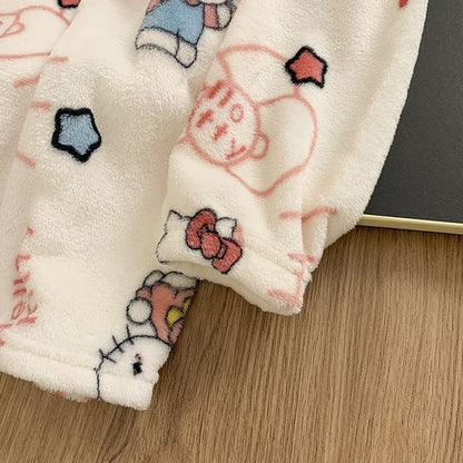 Hello Kitty Women's 2025 Plush Flannel Pullover Pajama Set Winter Cozy Long Sleeve Pants Embroidered Casual Home Loungewear