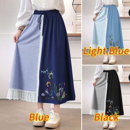 ZANZEA Plus Size Women Skirts Denin-Like Striped Patchwork Lace Trim Detail Lace-Up Elastic Waist A-Line Midi Skirt Casual Chic