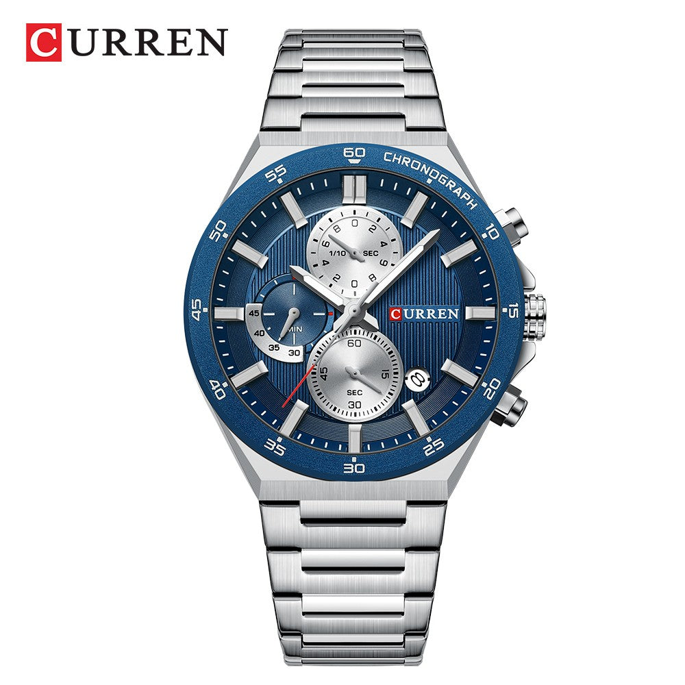 CURREN Classic 43mm Men's Watch Chronogrph Quartz Wristwatch with Stainless Steel Band Luminous Hands Auto Date