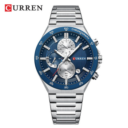 CURREN Classic 43mm Men's Watch Chronogrph Quartz Wristwatch with Stainless Steel Band Luminous Hands Auto Date