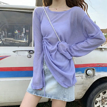 Women's 2025 Women's Summer New Beach Long sleeved Sunscreen Jacket Loose Hoodie Drawstring Upward Shirt