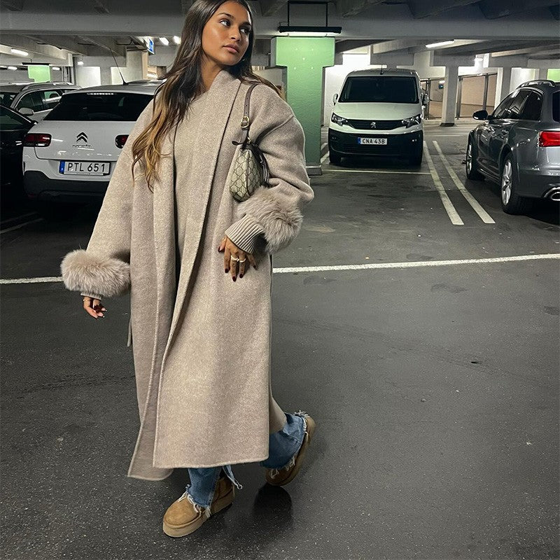Elegant Faux Fur Cuffs Woolen Coat With Belt For Women Fashion Lapel Long Sleeve Lace Up Maxi Jacket Lady 2025 Autumn Outerwear