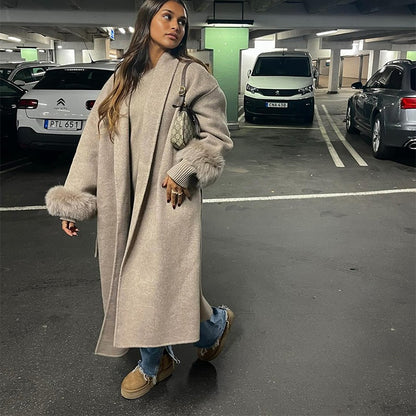 Elegant Faux Fur Cuffs Woolen Coat With Belt For Women Fashion Lapel Long Sleeve Lace Up Maxi Jacket Lady 2025 Autumn Outerwear