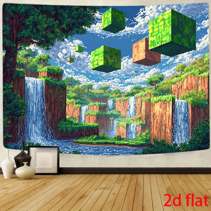 Pixel-style floating cube waterfall landscape 2D flat banner game room decoration digital art tapestry wall hanging, suitable