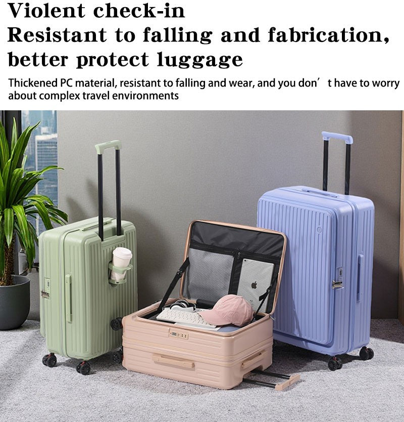 Large Capacity Expandable Suitcase Multi-Function Side Opening Luggage Boarding Case Cup Holder Shock-Absorbing Brake Wheels