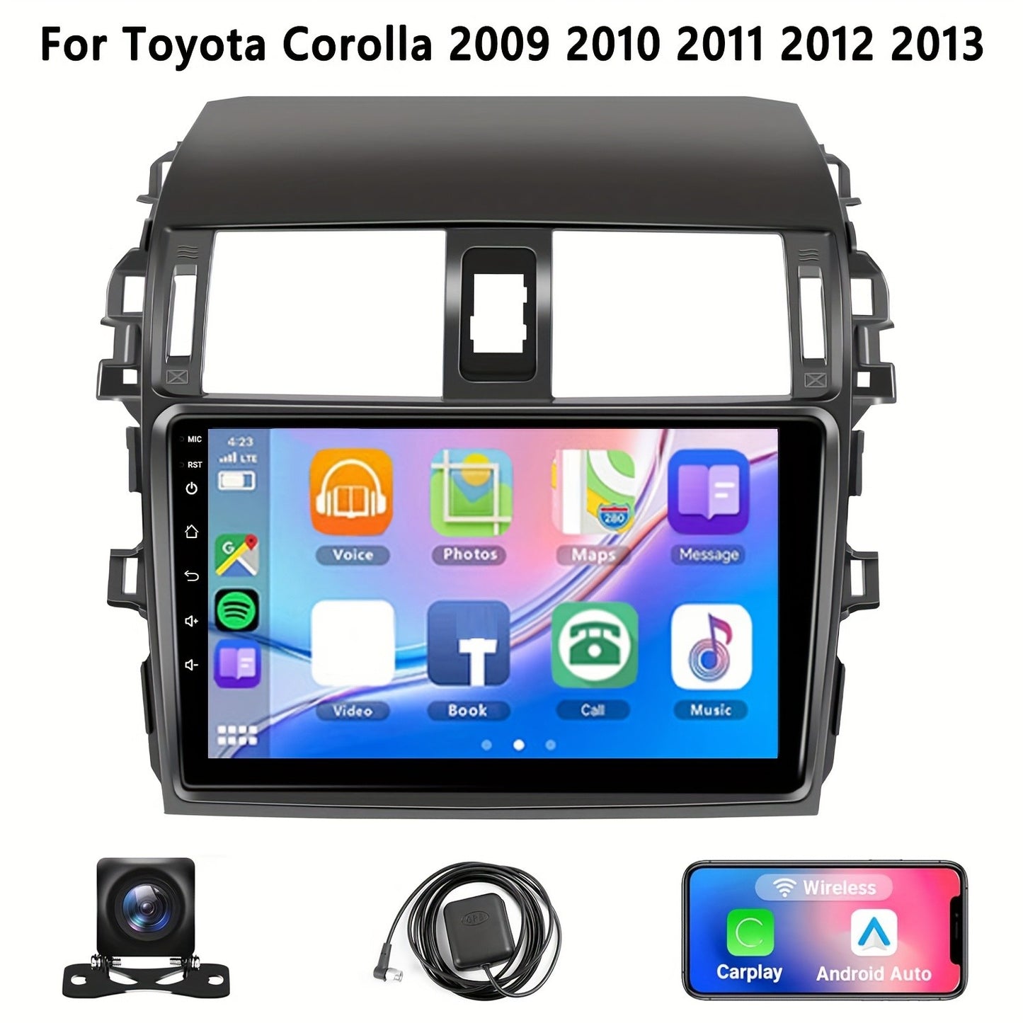 Rádio automotivo sem fio de 9 polegadas para Toyota Corolla 2009 2010 2011 2012 2013, compatível com CarPlay Android Auto, tela de toque 2+32G