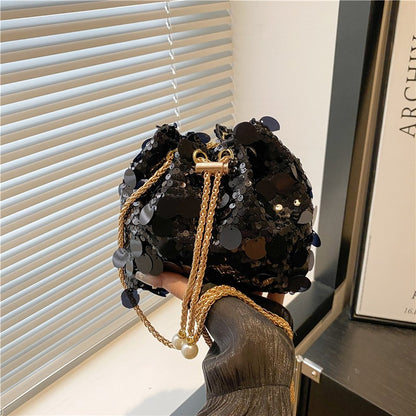 Sequin Chain Women's Portable Bucket Shoulder Bags Retro Ladies Dinner Party Clutch Purse Luxury Design Female Crossbody Bag