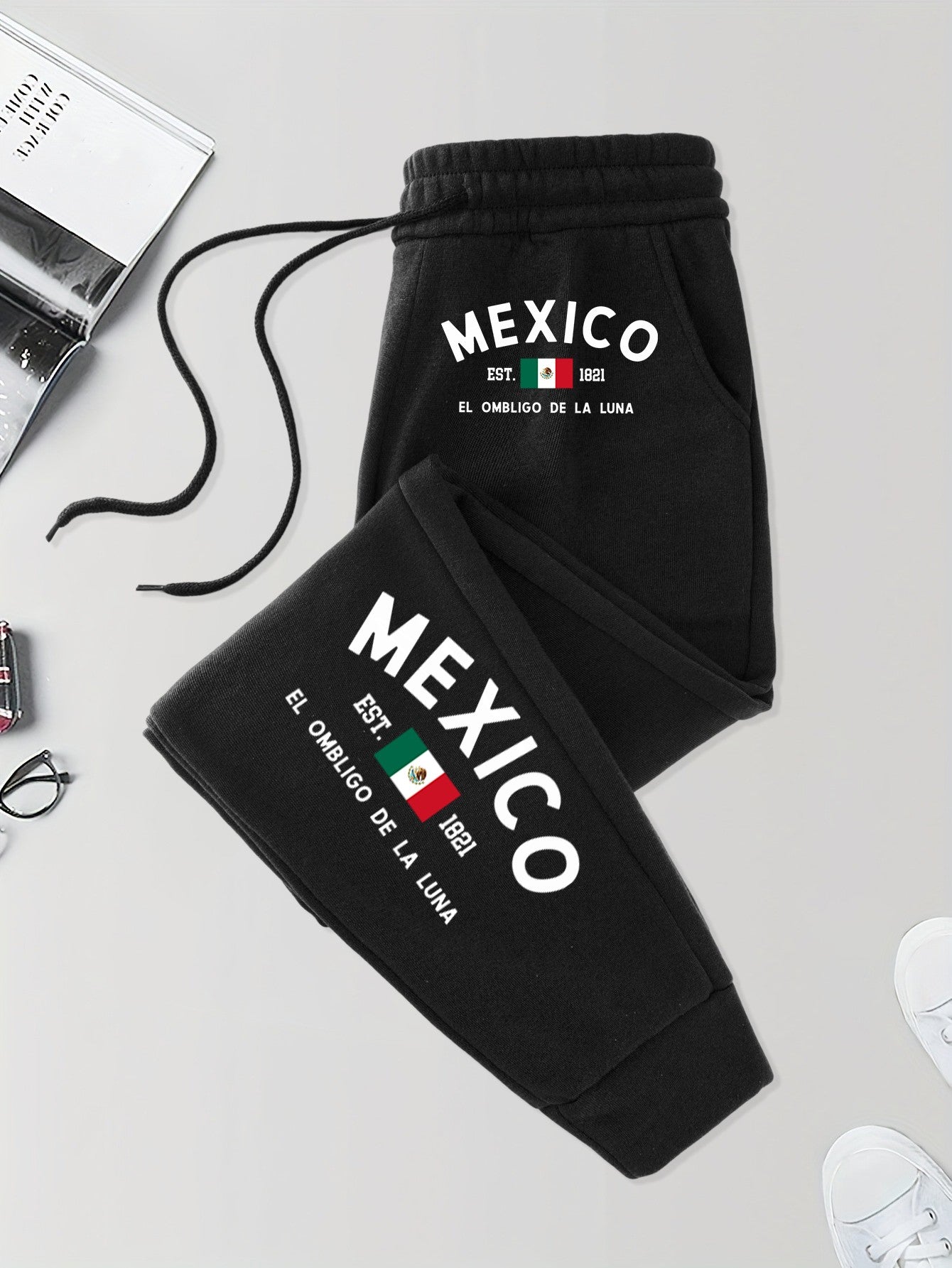 Calça de Moletom Masculina com Bolso Estampada México e Bandeira Outono Elástico na Cintura Calças Confortáveis de Rua Calça de Jogging Básica Longa