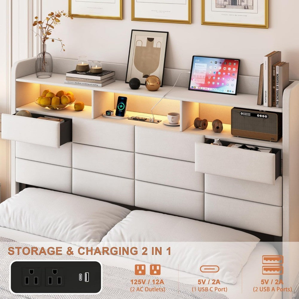 Queen Size LED Bed Frame with Storage, 2 Hidden Drawers, Charging Station, and Velvet Upholstery