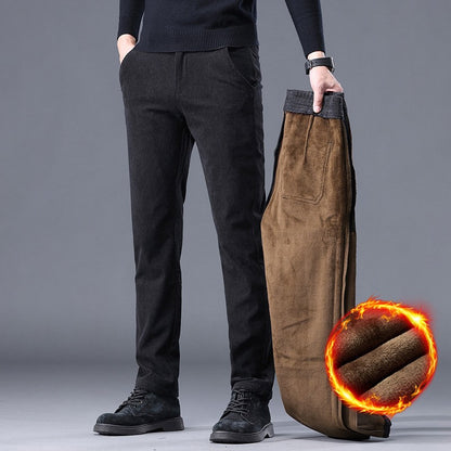 New Fleece Pants Men Casual Work Business Trousers Winter Corduroy Straight Slim Pants Outdoor Streetwear Thick Warm Sweatpants
