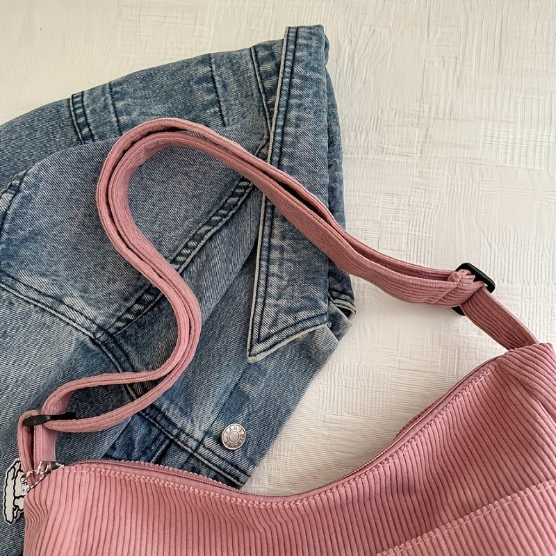 Women’s Corduroy Shoulder Bag Casual Striped Large Capacity Tote with Zipper Closure, Cute Hat Patch, Perfect for Everyday Use