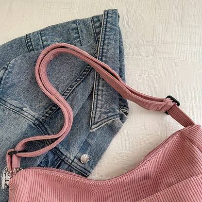 Women’s Corduroy Shoulder Bag Casual Striped Large Capacity Tote with Zipper Closure, Cute Hat Patch, Perfect for Everyday Use