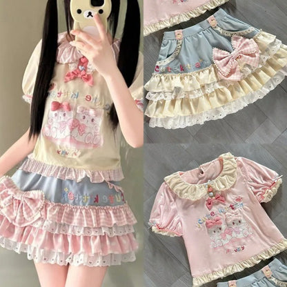 Lolita Print Tops Bow Cake Blouse Y2K JK Lolita Japan Kawaii Girl Cute Sweet Lace T-shirt A-line Spliced Cake Skirt New Chic