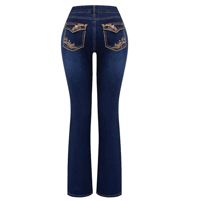 Stylish Cowgirl Boo-Cut Denim Jean Exquisite Embroidery Stretch & Comfortable Ladies Country Outfit Western Women Trousers T02