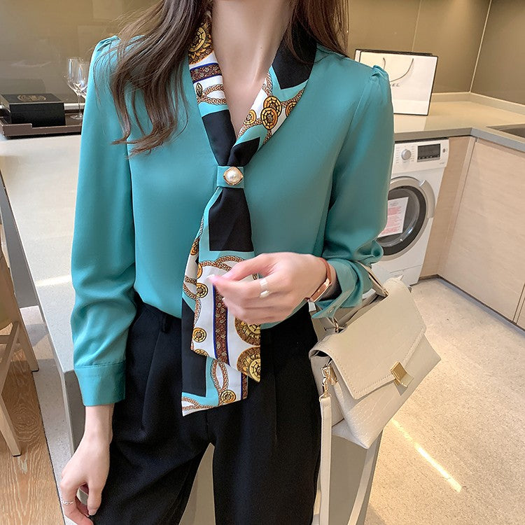 H Han Queen Spring Chiffon Simple Office Lady Blouse Female Shirt Bow Tops Long Sleeve Casual Korean OL Loose Blouses Women