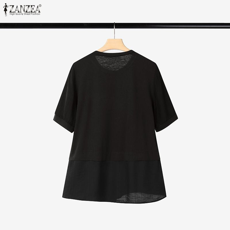 ZANZEA Women Summer Patchwork Blouse 2025 Casual O Neck Short Sleeve Tops Blusas Fashion Elegant Work Shirt Mujer Female Chemise
