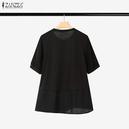ZANZEA Women Summer Patchwork Blouse 2025 Casual O Neck Short Sleeve Tops Blusas Fashion Elegant Work Shirt Mujer Female Chemise