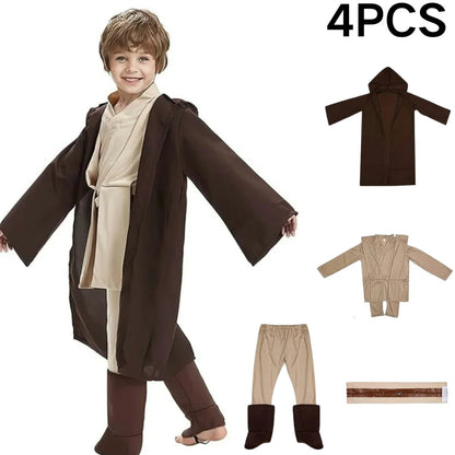 New Kid Children Jedi Knight Cosplay Costume Obi Wan Kenobi Uniform Suit Anakin Skywalker Hooded Robe Cloak Outfits