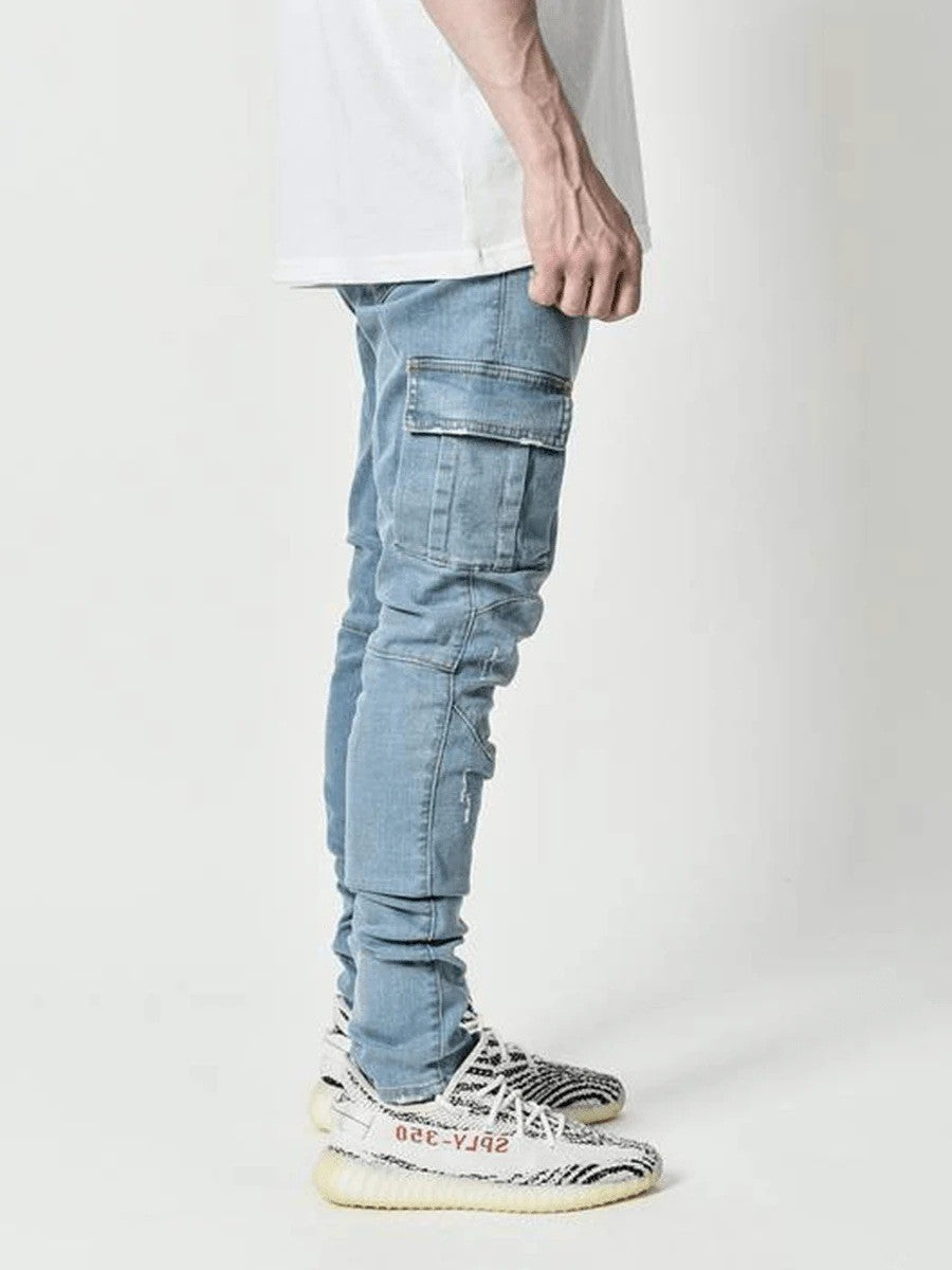 new Jeans Men Pants Wash Solid Color Multi Pockets Denim Mid Waist Cargo Jeans Plus Size Fahsion Casual Trousers Male Daily Wear