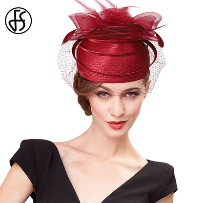 FS Casamento Igreja Chapéus Vermelhos Fascinadores Para Mulheres Com Véu de Pena Festa Coquetel Adorno de Cabeça 2025 Senhora Elegante Chapéu Kentucky Derby