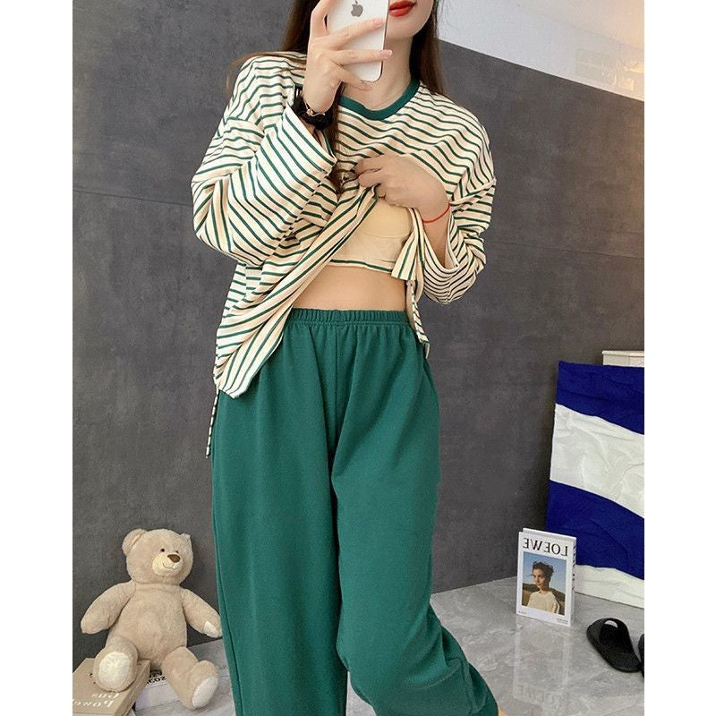 Women's Fall Pajamas with Chest Pads Striped Long Sleeve Plus Size O-Neck Simple Casual Fashion Korean School Pajamas Homewear