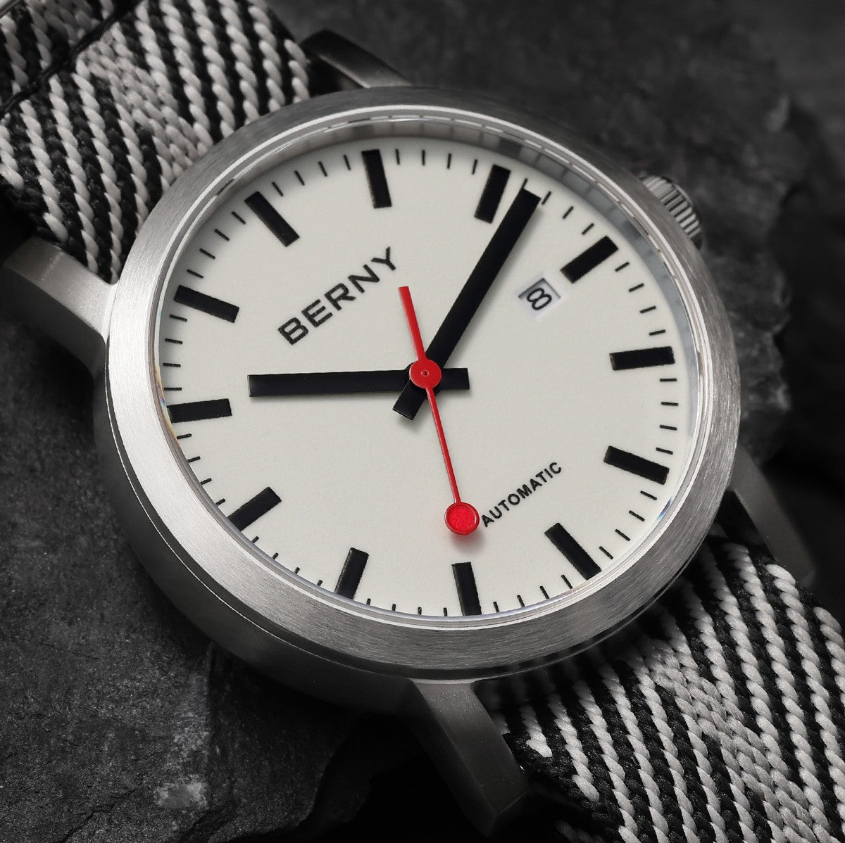 BERNY Automatic Watch Men 40mm Luminous Railway Time Dial MIYOTA 8215 Nylon Strap Sapphire 50M Waterproof Men's Mechanical Watch