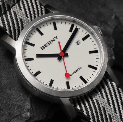 BERNY Automatic Watch Men 40mm Luminous Railway Time Dial MIYOTA 8215 Nylon Strap Sapphire 50M Waterproof Men's Mechanical Watch