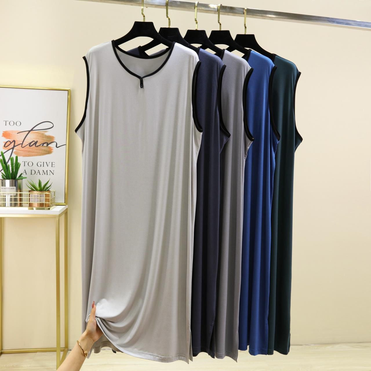 Modal Cotton Men Plus Size Pajamas Night Gown for Summer Solid Color Thin Sleeveless Medium Long Loose Button Vest Style Dress