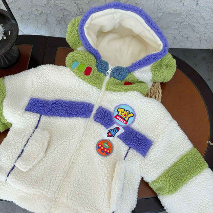 Casaco Infantil de Inverno Disney Buzz Lightyear 90-130cm Novo Bebê Menino Menina Desenho Animado Forro Polar Textura Engrossada Bloco de Cores Casaco com Capuz