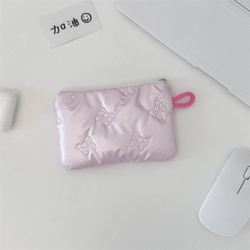 INS Style Silver Sanitary Mat Bag Zipper Button Change Purse Coins Keys Wallet Love Bow Credit Card Holder Cosmetics Napkin