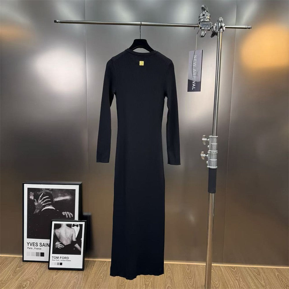 2025 Winter Women's Long Sleeve Knitted Stretch Hollow Corset Long Dress Y2K Clothing New Fashion High-Quality Party Dress bra