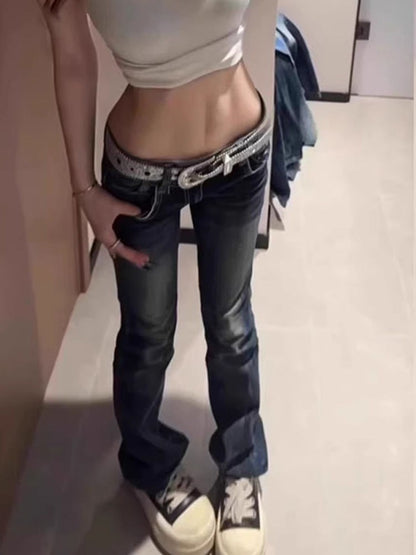 Autumn Y2K Fashion Retro Punk Low Waist Casual Embroidery Diamond Jeans Women Blue Wings Pattern Embroidered Leg Slim Pants 2025