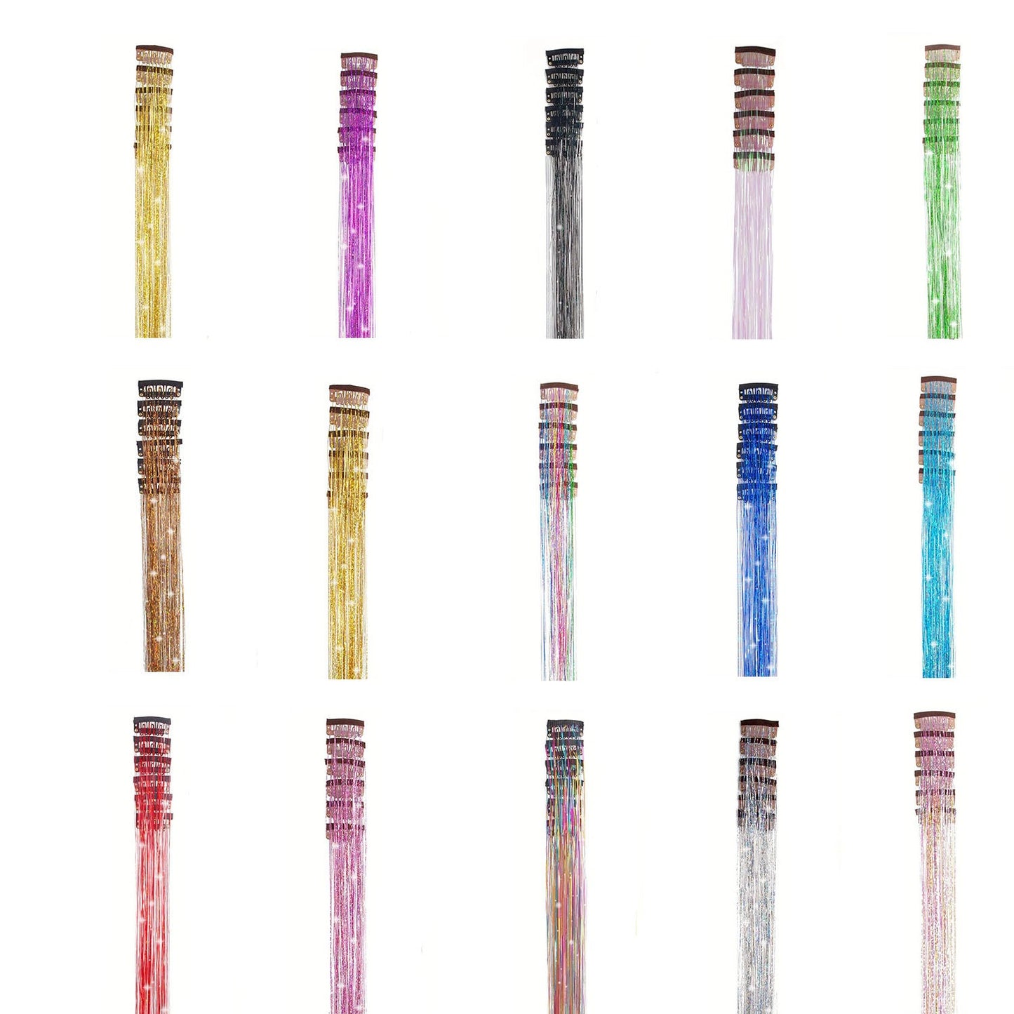 Apliques de cabelo coloridos de seda brilhante sem costura, grampo com glitter dourado de seda, faixas de cor de fio de laser deslumbrante, perucas sintéticas