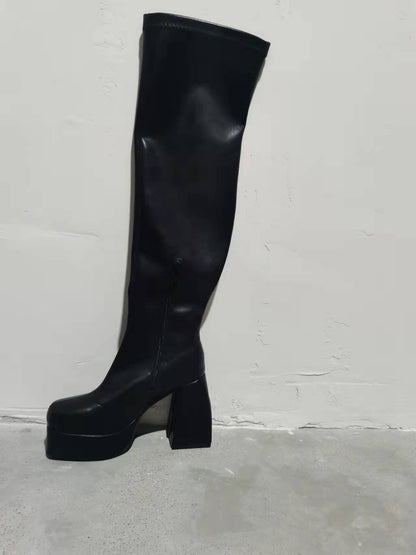 Comemore Women Punk Style Autumn Winter Chunky Platform High Boot Party Shoes Ladies Black Thick Heels Elastic Knee High Boots