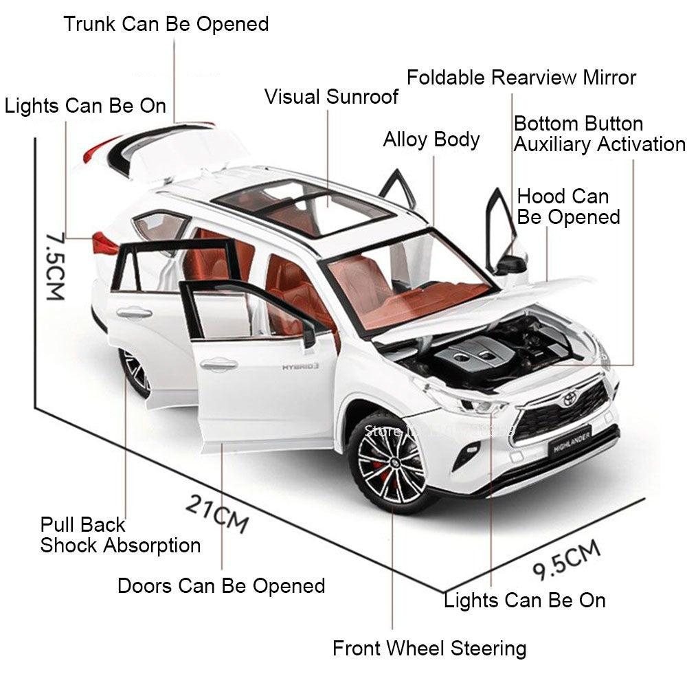 Miniaturas de carros Highlander RAV4 em liga fundida escala 1:24, com som, luz, portas que abrem, função de fricção e absorção de choque – Presente para meninos