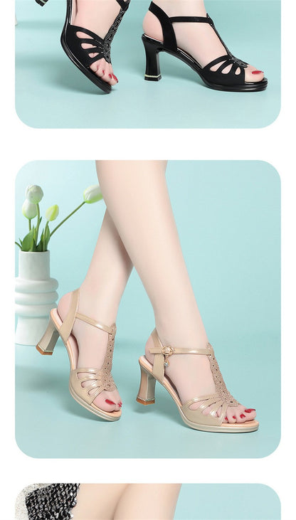 2025 New All-Match Thick Heel Thick Sole Fish Mouth Shoes Middle-Aged Women's Summer Elegant Mother Professional Sandals Fashion