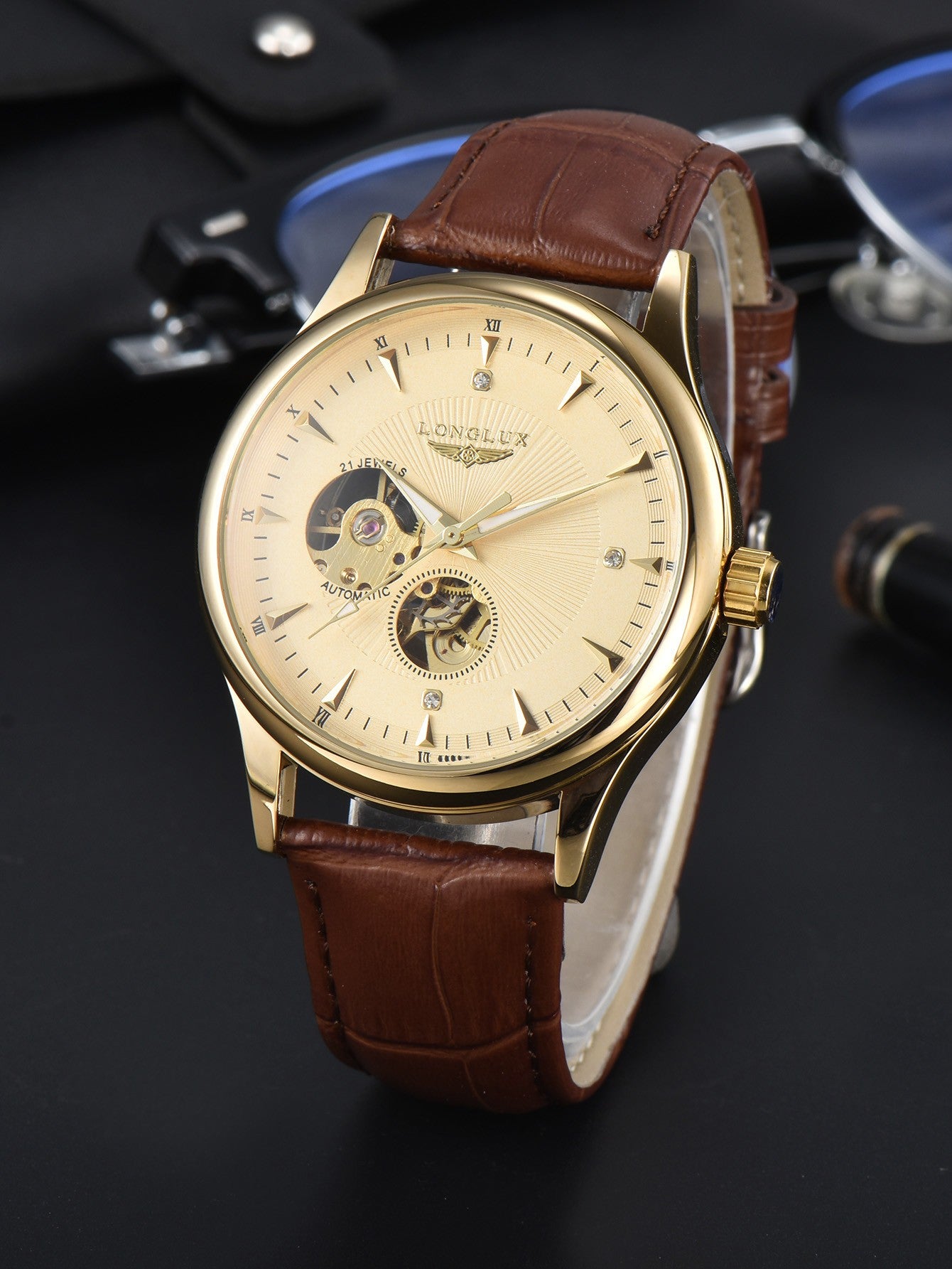 LONGLUX relógio automático estilo elegante atacado relógios de pulso mecânicos esqueleto roma à prova d'água relógio masculino presente para homens