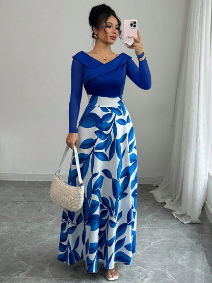 Women's Blue White Floral Maxi Dress Asymmetric Neckline Color Block Design Ideal for Evening Events Garden Parties Elegant Styl