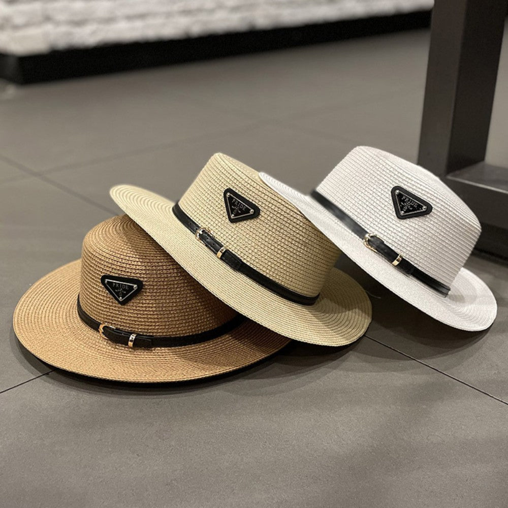 Straw Sun Hat for Children Kids Triangular Metal Logo Woven Beach Hat Spring Summer Fashion Vacation Sun Protection Wide Brim