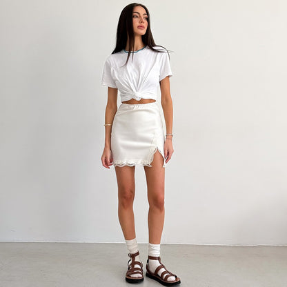 Linad Elegant Satin Embroidery Pencil Skirts Summer Sexy High Waist Split Mini S